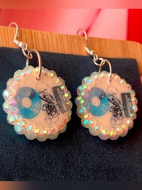 Holographic Blue Disc Music-Themed Dangle Earrings